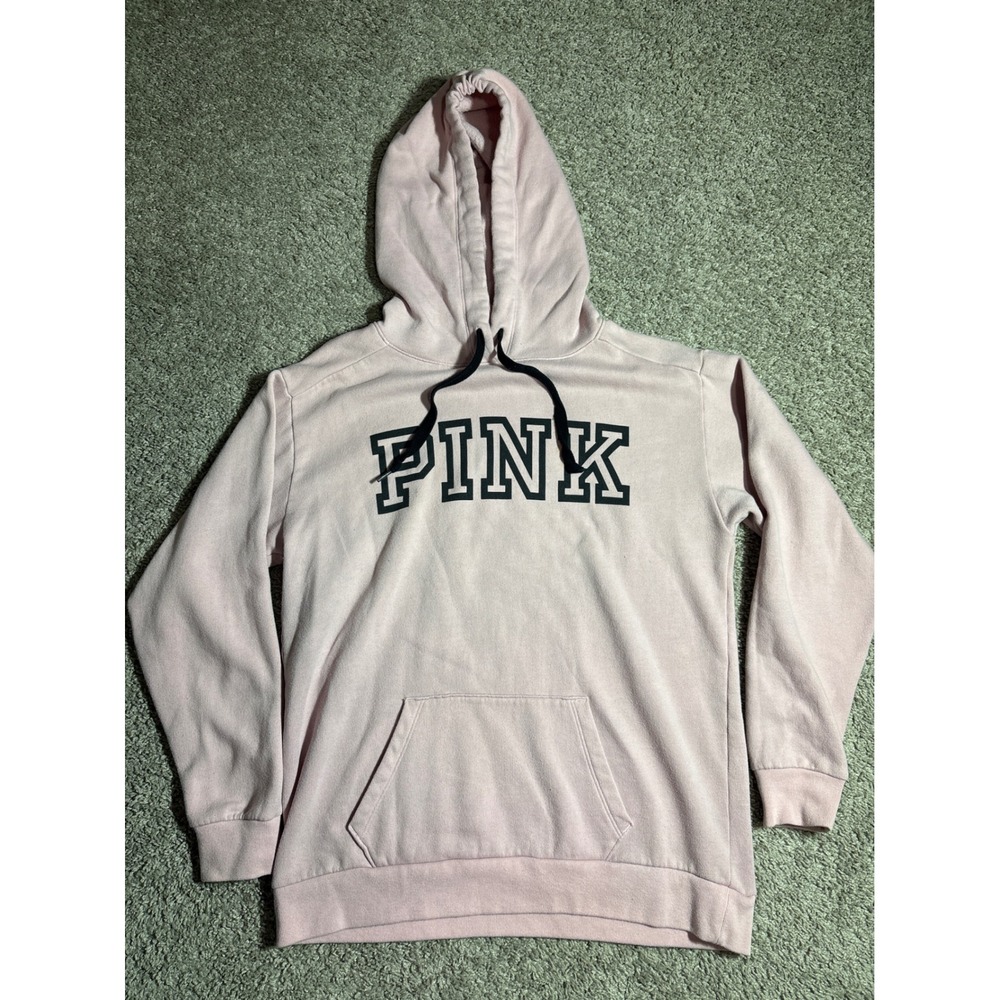 Victoria's Secret PINK Hoodie XS Blush Pink Black Logo Pullover Sweatshirt